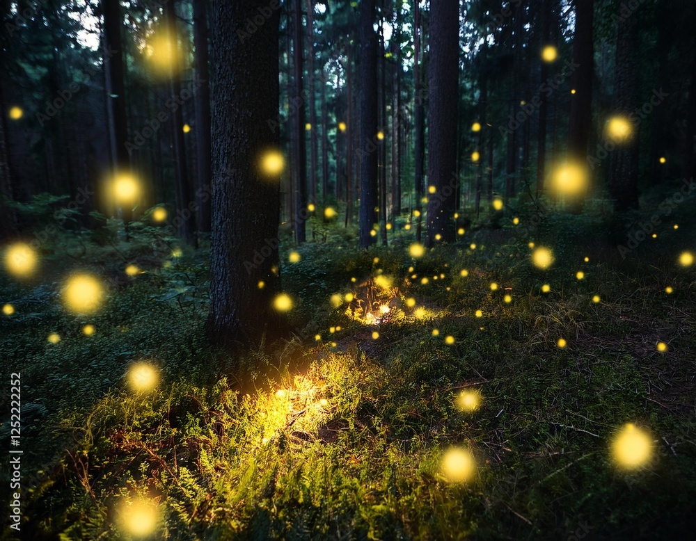 Naklejka premium Scattering Glowing Fireflies Over a Dark Forest Floor Background