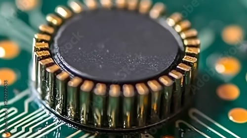 Close-up shot of an advanced ferrite material at the center of a circuit board, surrounded by a circle on the top and bottom. The intricate details, such as grooves and metal components photo