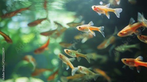 Group of colorful guppies exploring open water in a calm environment.
