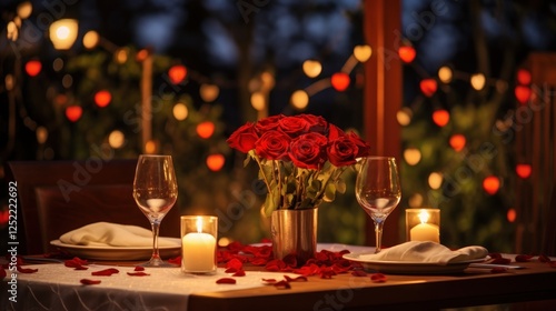 Romantic dinner setting with roses and candlelight for a special evening