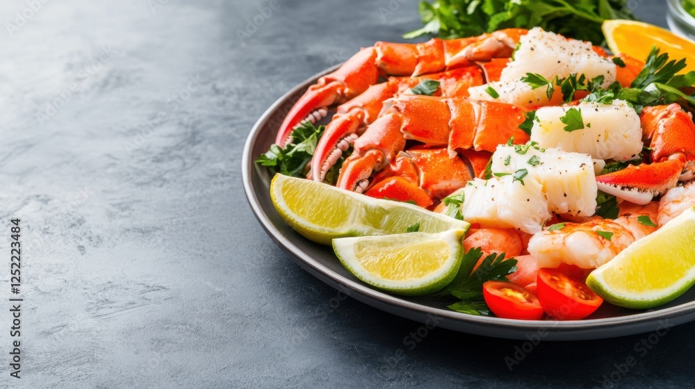 Fresh Seafood Platter with Shrimp, Lobster, and Lemon Slices Fresh Seafood Platter with Shrimp, Lobster, and Lemon Slices