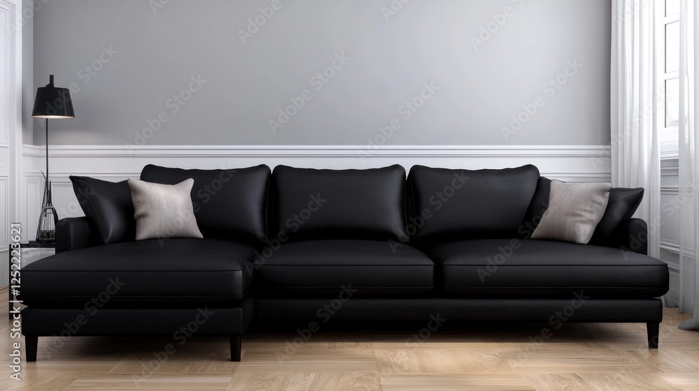Fototapeta premium Modern black leather sectional sofa in gray room