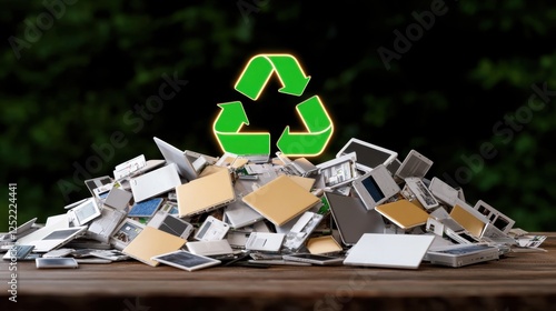 Pile of old electronics with glowing recycle symbol, suggesting e-waste recycling.