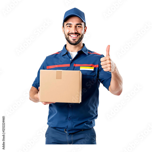 Friendly delivery man in a uniform holding a package