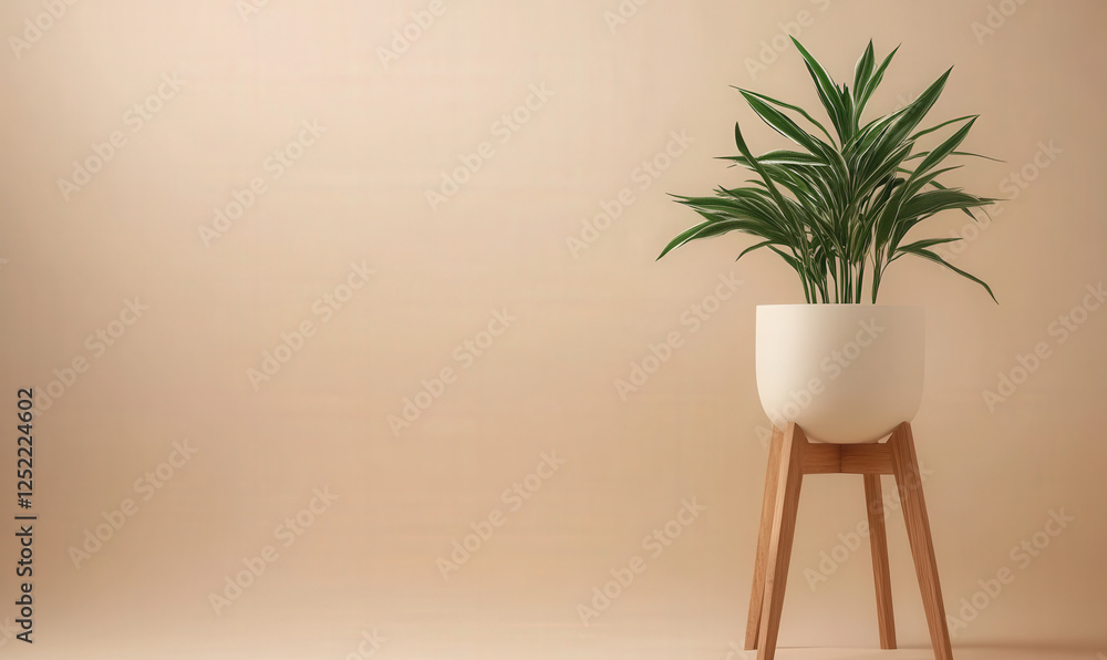There is a pot of green plants on the shelf by the wall There is a pot of green plants on the shelf by the wall