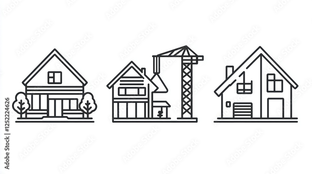 Fototapeta premium Simple line art icons of cranes, houses, and blueprints symbolizing property development. 
