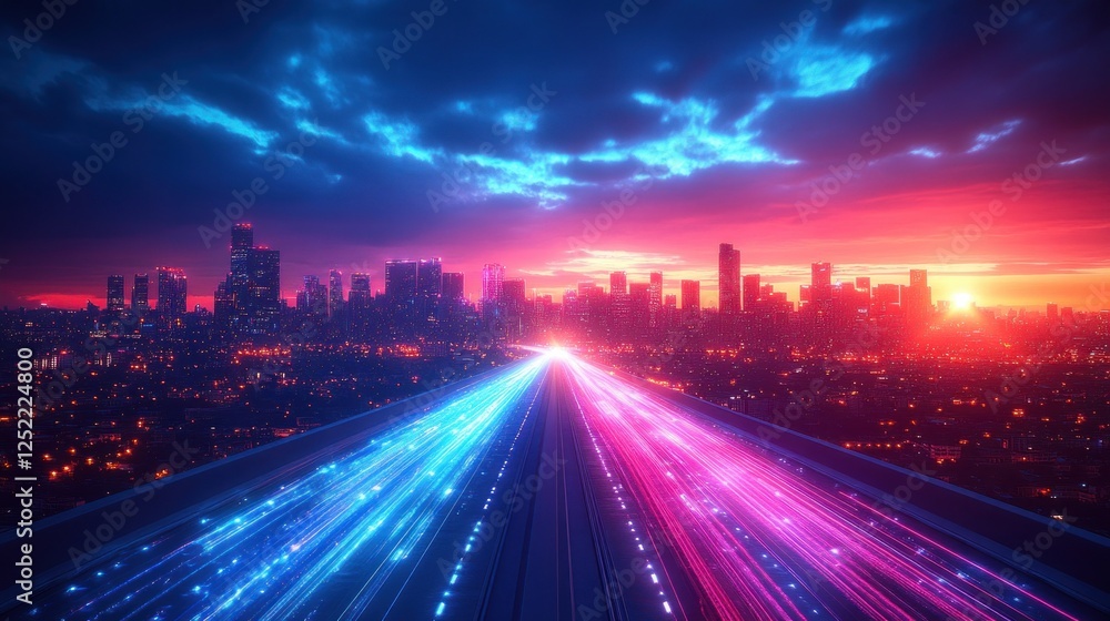 Fototapeta premium Futuristic Cityscape with Dynamic Light Trails and Motion in Neon Colors