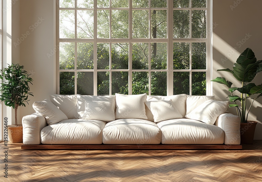 Fototapeta premium Minimalist Scandinavian Living Room with White Sofa and Wooden Parquet Flooring