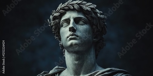 Greek god Apollo marble statue with laurel crown in dramatic lighting photo