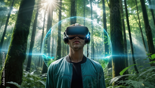 Green Virtual Reality: A Captivating Image of an Observer in a Semi-Realistic Forest with VR Glasses, Perfect for Tech Designs