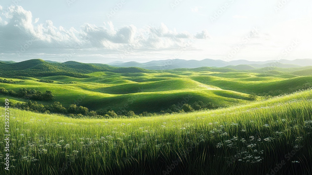 Fototapeta premium Serene Green Hills Landscape in Impressionism Style with Soft Brush Strokes and Dappled Sunlight