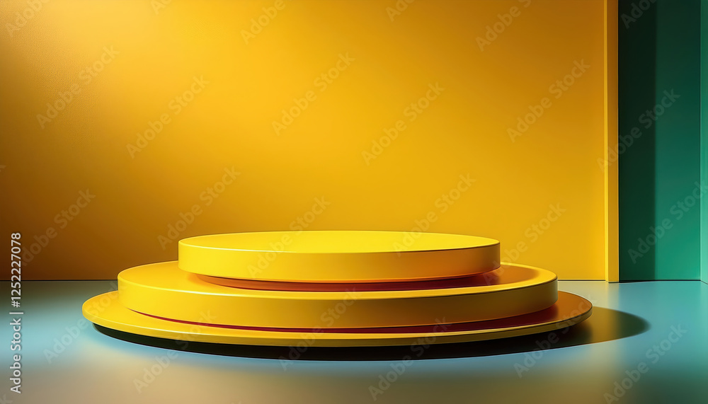 Bright yellow pedestal display in empty room with vivid colors. scene evokes cheerful and modern atmosphere Bright yellow pedestal display in empty room with vivid colors. scene evokes cheerful and modern atmosphere