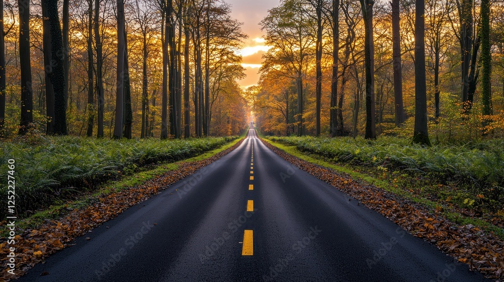 Fototapeta premium Autumnal Road Through a Golden Forest at Sunset
