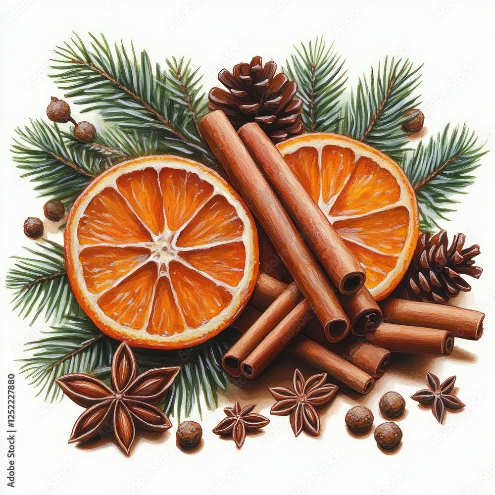 Spices and Evergreen Arrangement with Cinnamon Sticks Star Anise Dried Orange Slices Pine Cones and Greenery for Holiday Decor Spices and Evergreen Arrangement with Cinnamon Sticks Star Anise Dried Orange Slices Pine Cones and Greenery for Holiday Decor
