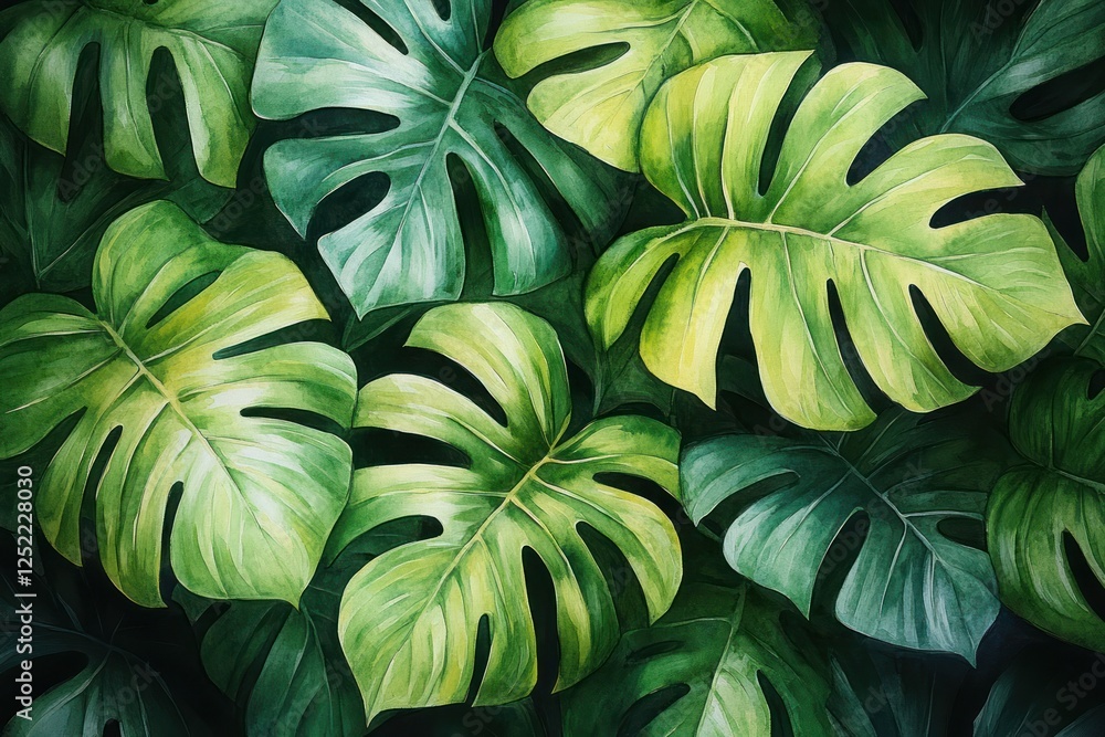 Fototapeta premium Tropical Leaves Watercolor Illustration Monstera Banana Palm Foliage Exotic Jungle Plant Art