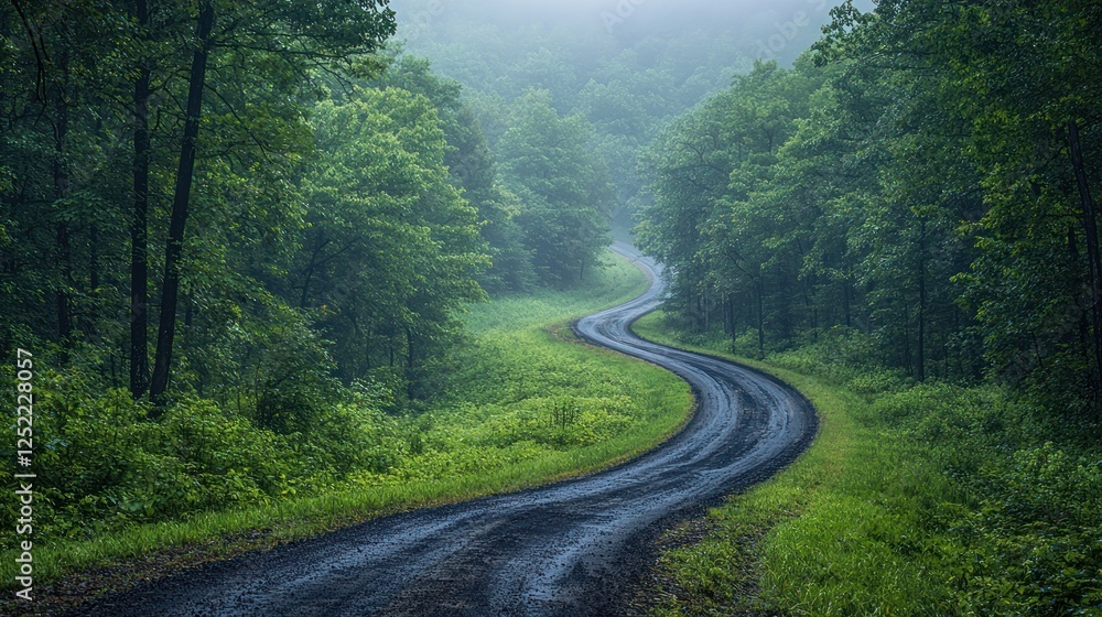 Winding Forest Road Through Lush Green Trees Winding Forest Road Through Lush Green Trees