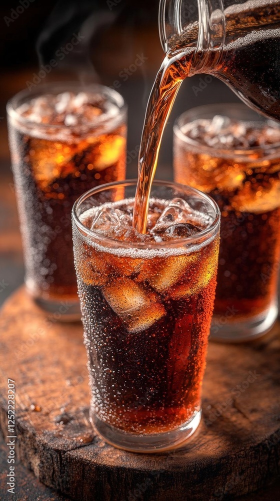 Pouring Soda Into Glasses Filled With Ice Pouring Soda Into Glasses Filled With Ice
