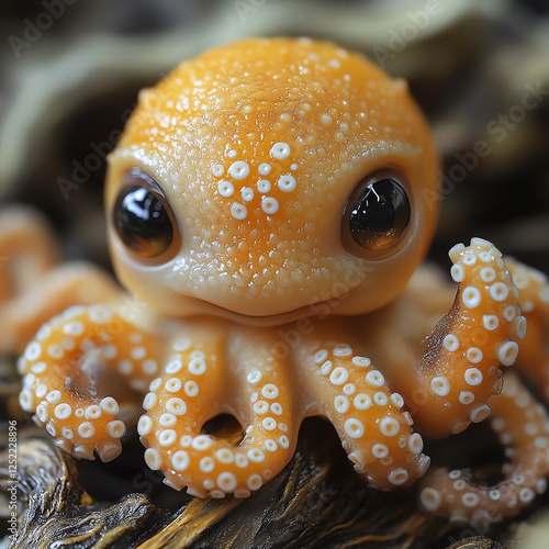 A charming orange octopus with large expressive eyes. It showcases intricate details on its skin and tentacles, blending seamlessly into its underwater surroundings. photo