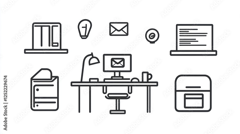 Simple office workspace outline, tools, and objects Simple office workspace outline, tools, and objects