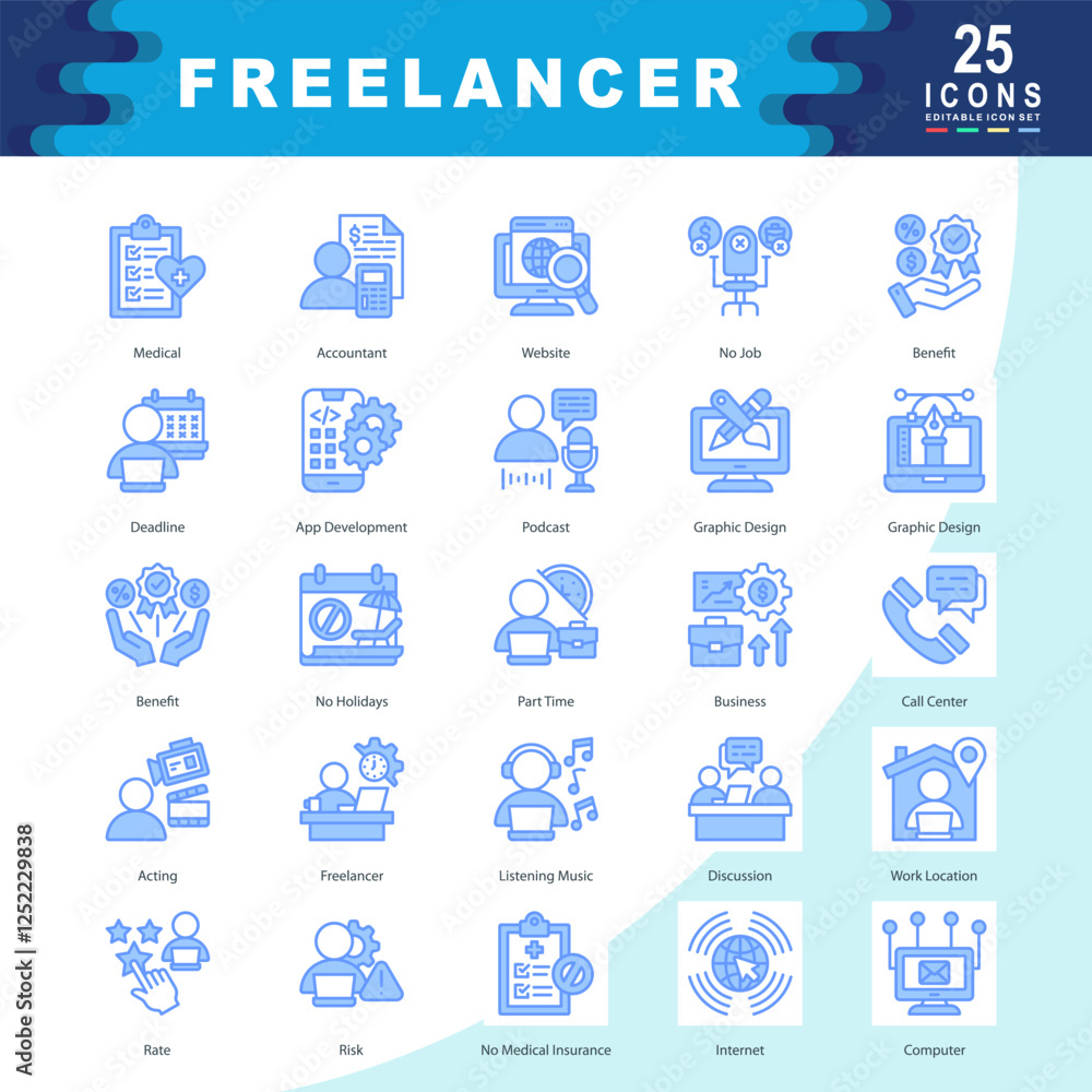 Freelancer icon set containing Accountant, Website, No Job, Benefit, Deadline, App Development, Podcast, Graphic Design, Part Time, Acting icon. Simple vector Freelancer icon set containing Accountant, Website, No Job, Benefit, Deadline, App Development, Podcast, Graphic Design, Part Time, Acting icon. Simple vector