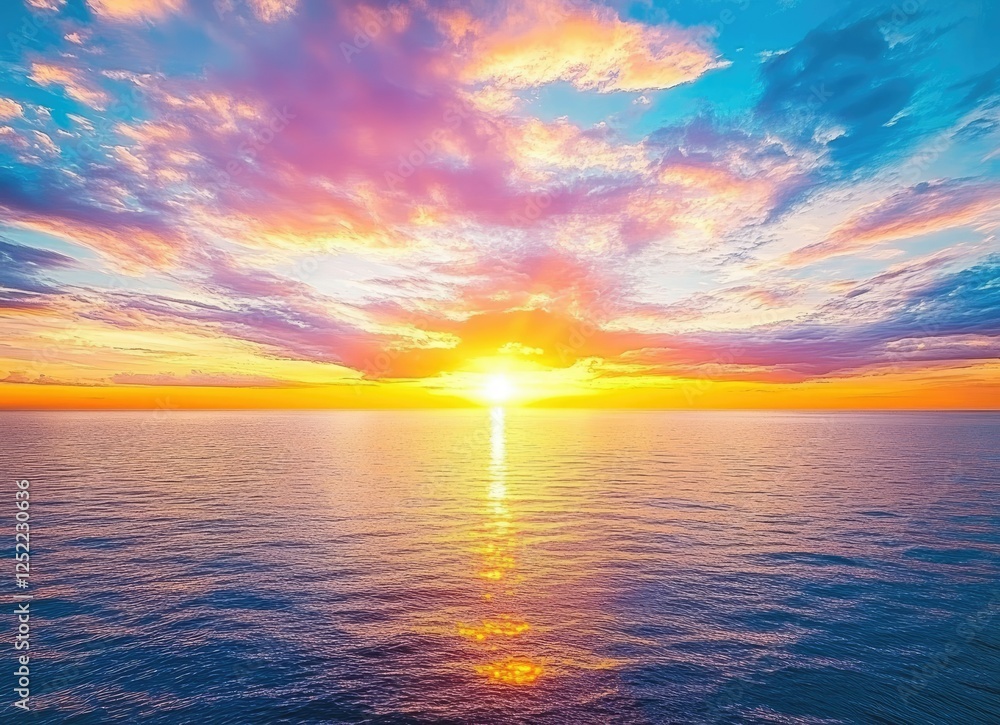 Fototapeta premium Vibrant ocean sunset, calm waters, colorful sky, idyllic travel scene