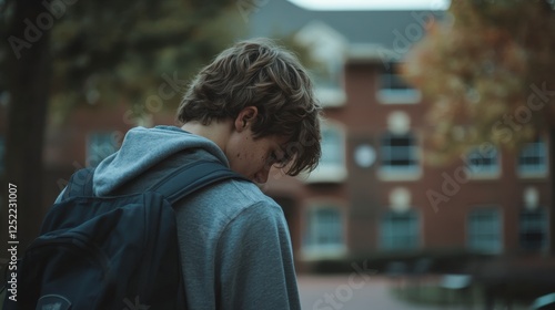 Sad young man walking with head down in a blurred setting, sadness