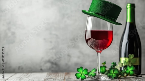 St. Patrick's Day celebration with wine glass, hat, and clovers