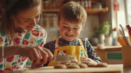 Smiling boy baking cookies with mother in cozy kitchen
