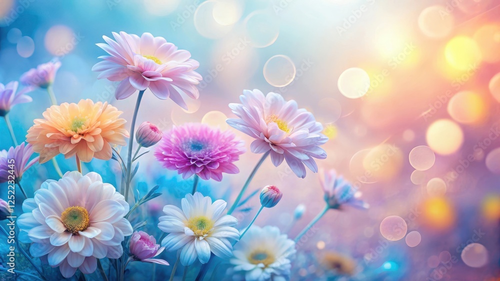 Softly glowing, pastel-hued flowers against a gradient of fuzzy pink blue yellow background, gentle hues, gradient background Softly glowing, pastel-hued flowers against a gradient of fuzzy pink blue yellow background, gentle hues, gradient background