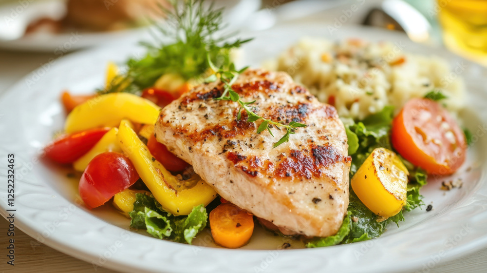 Grilled Fish Fillet with Fresh Vegetables and Rice on Plate Grilled Fish Fillet with Fresh Vegetables and Rice on Plate