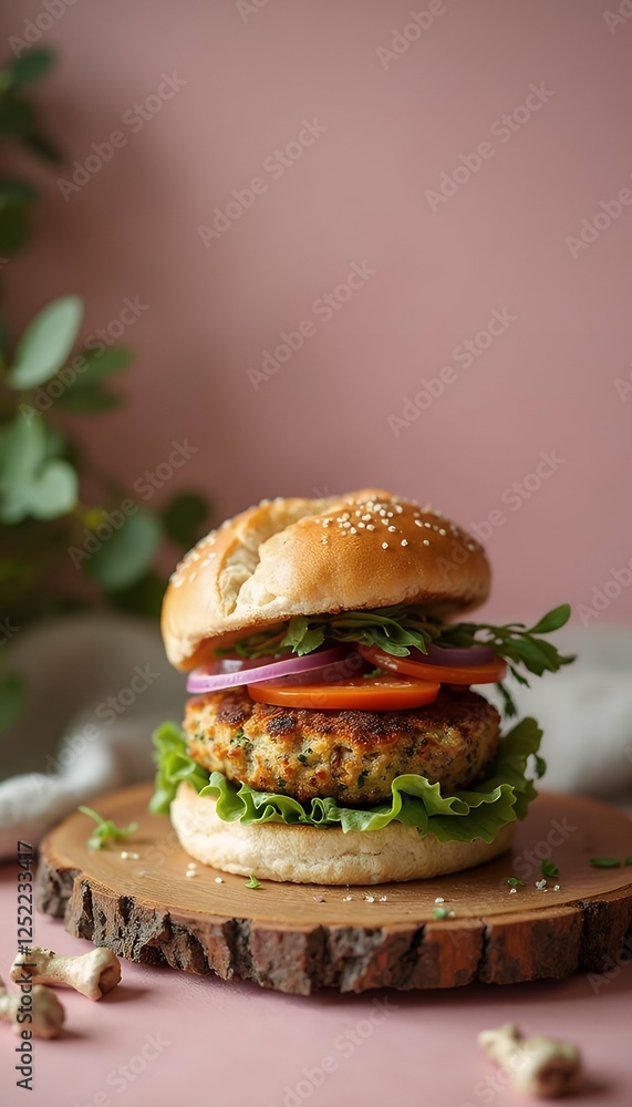 falafel bean vegetarian copy based vegan background setting meat veggie pink space burger no mushroom patty pastel cozy natural studio plant editorial rustic alternative vegetarian burger hamburger