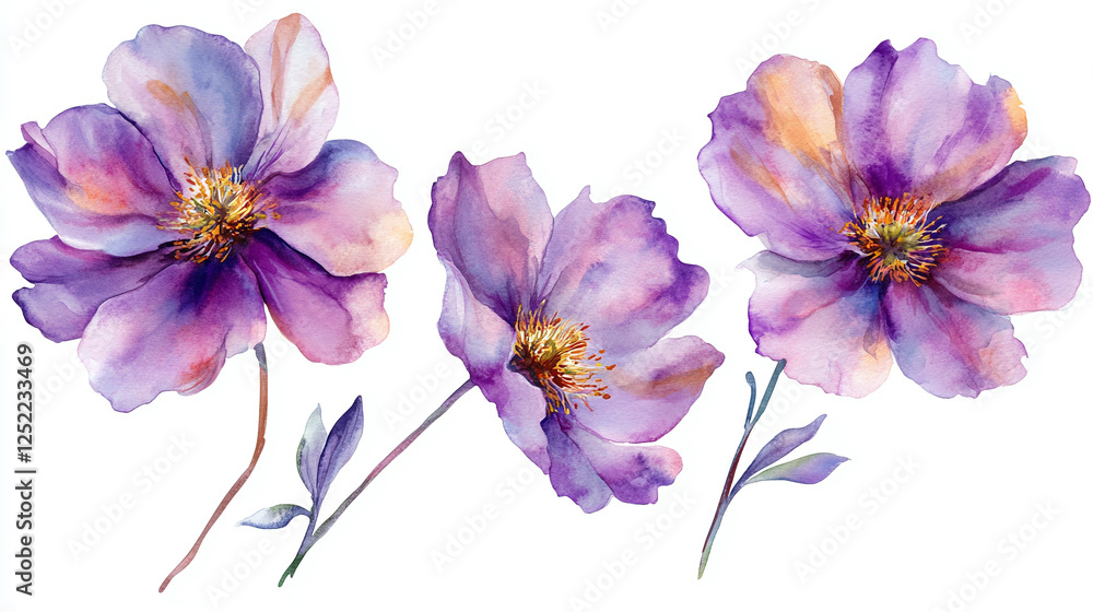Watercolor set of purple cosmos flowers isolated on white background. Watercolor set of purple cosmos flowers isolated on white background.