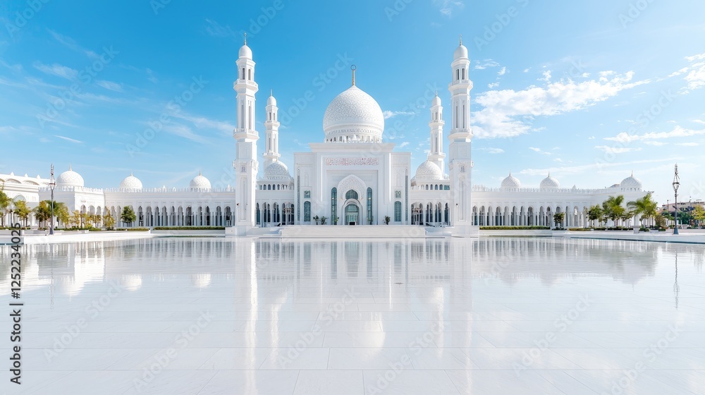 Obraz premium Majestic white mosque reflecting in calm water, sunny day
