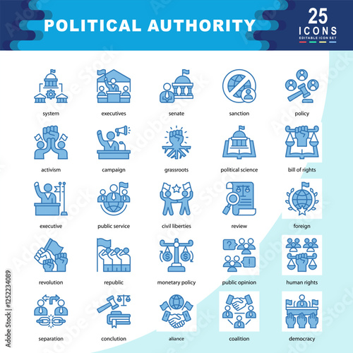 Political Authority icon set containing system, executives, senate, sanction, policy, activism, campaign, political science, civil liberties, monetary policy icon. Simple vector