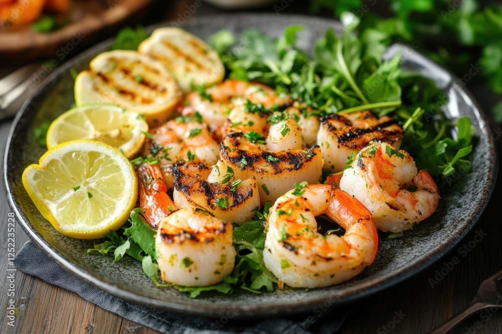 Grilled citrus-infused seafood delight coastal restaurant gourmet dish upscale dining environment elevated perspective culinary concept Grilled citrus-infused seafood delight coastal restaurant gourmet dish upscale dining environment elevated perspective culinary concept