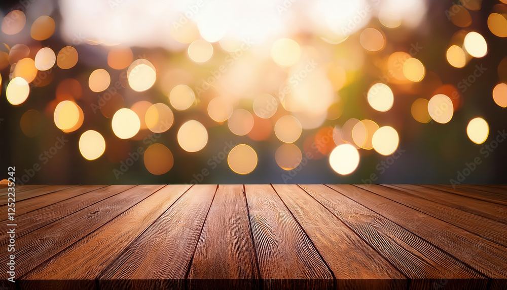 rustic wood table illuminated by soft blurred light with dreamy bokeh background creates warm atmosphere rustic wood table illuminated by soft blurred light with dreamy bokeh background creates warm atmosphere