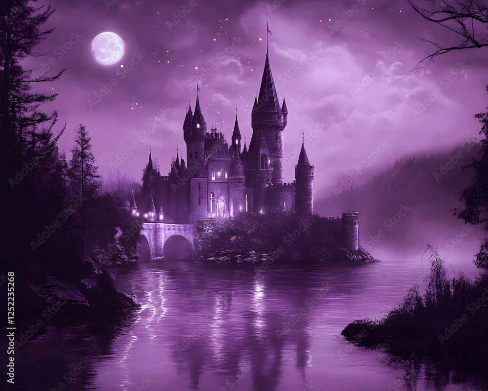 Nighttime View of a Purple-Toned Castle on an Island Nighttime View of a Purple-Toned Castle on an Island