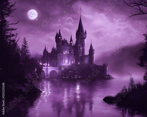 Wallpaper Mural Nighttime View of a Purple-Toned Castle on an Island Torontodigital.ca