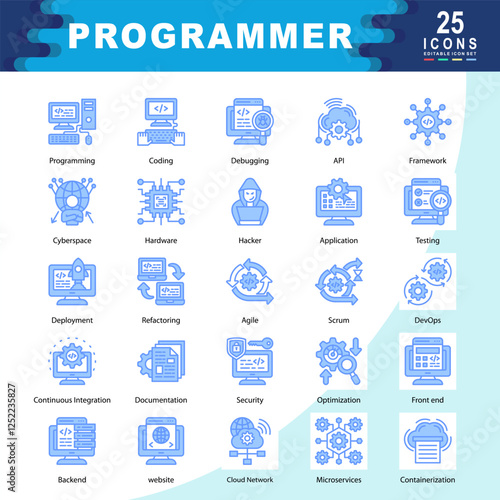 Programmer icon set containing Programming, Coding, Debugging, API, Framework, Cyberspace, Hardware, Hacker, Application, Testing icon. Simple vector