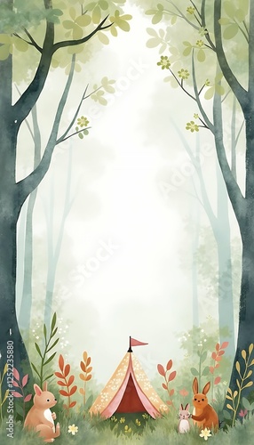 border frame print squirrel bunny painted woodland design cute baby animals baby kids wall art rabbit wild tree nursery landscape watercolor illustration hand forest shower tent animal watercolor