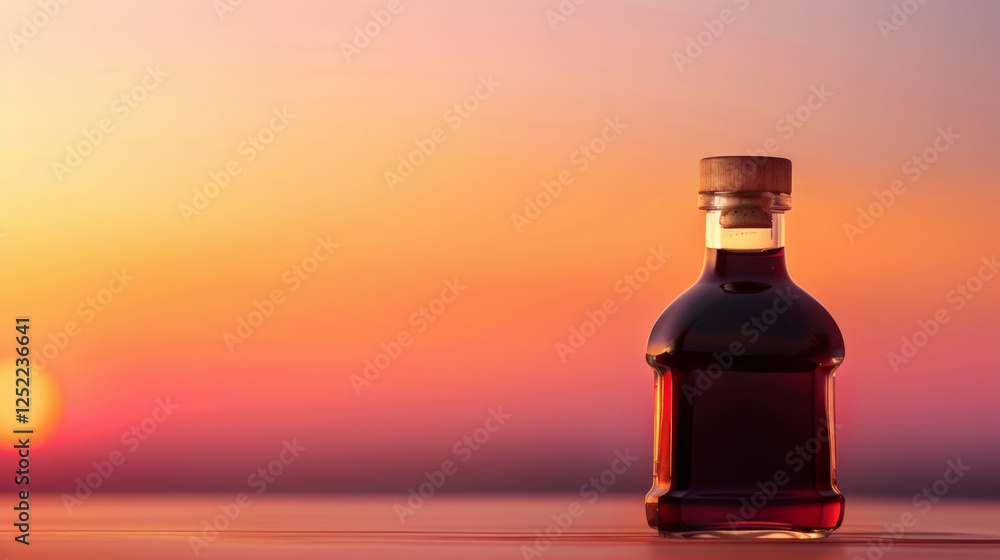 single glass bottle of balsamic vinegar against sunset backdrop single glass bottle of balsamic vinegar against sunset backdrop