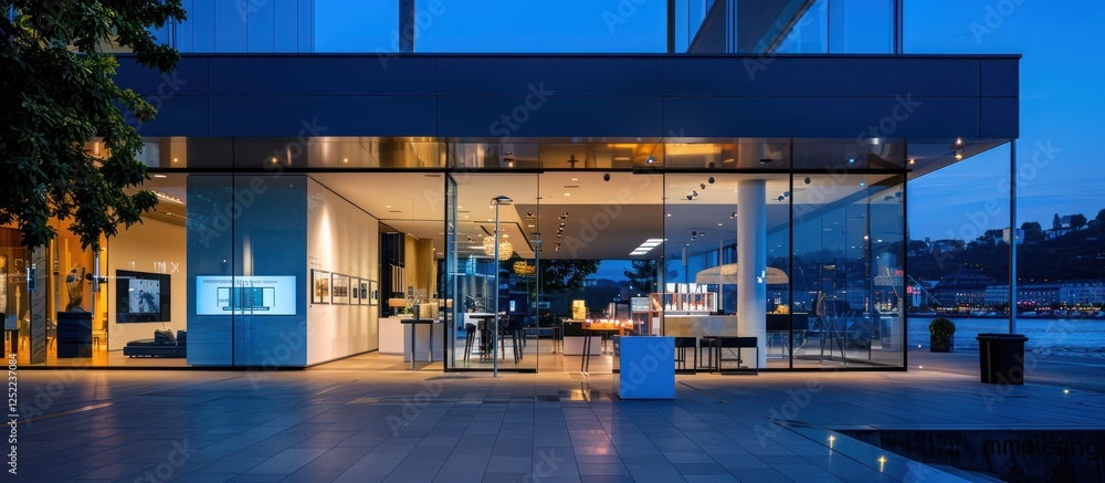 Fototapeta premium Modern storefront at dusk, showcasing interior design and artwork.