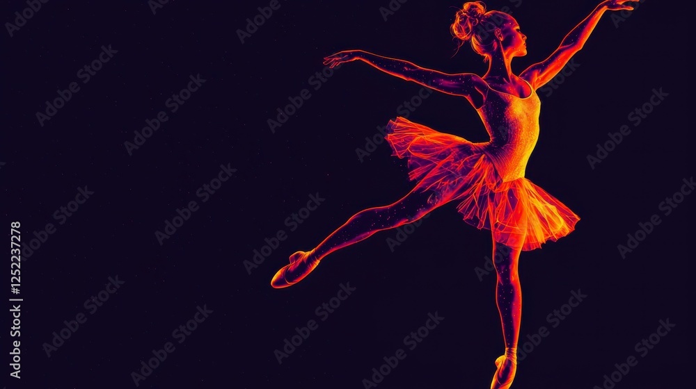 Obraz premium Graceful ballet dancer in vibrant orange and pink flow against dark background showcasing elegance and motion