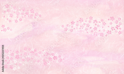 さくら色の和紙に桜の花が舞う、彩り流れる雅な背景