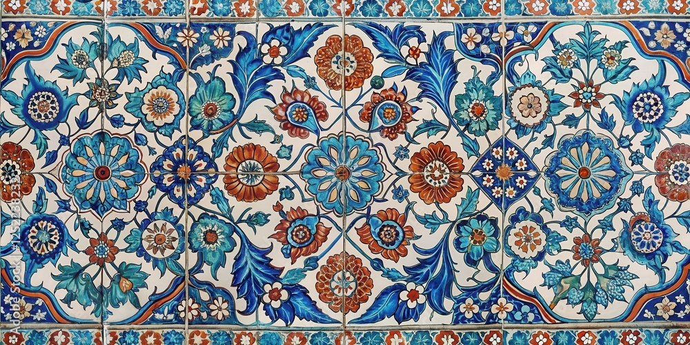 custom made wallpaper toronto digitalTraditional Turkish ceramic tile with intricate floral patterns featuring geometric shapes and arabesque motifs, eastern inspired , ceramic art