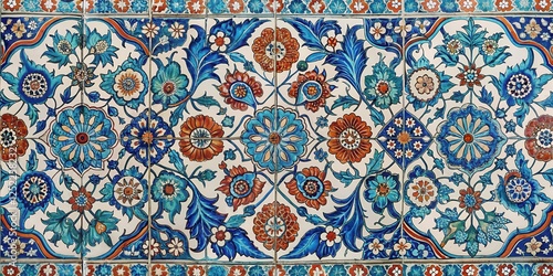 Traditional Turkish ceramic tile with intricate floral patterns featuring geometric shapes and arabesque motifs, eastern inspired , ceramic art