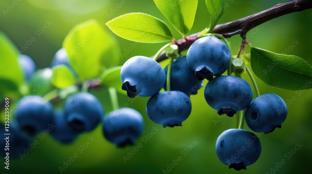 Clusters of juicy blueberries hanging amidst vibrant green leaves Clusters of juicy blueberries hanging amidst vibrant green leaves