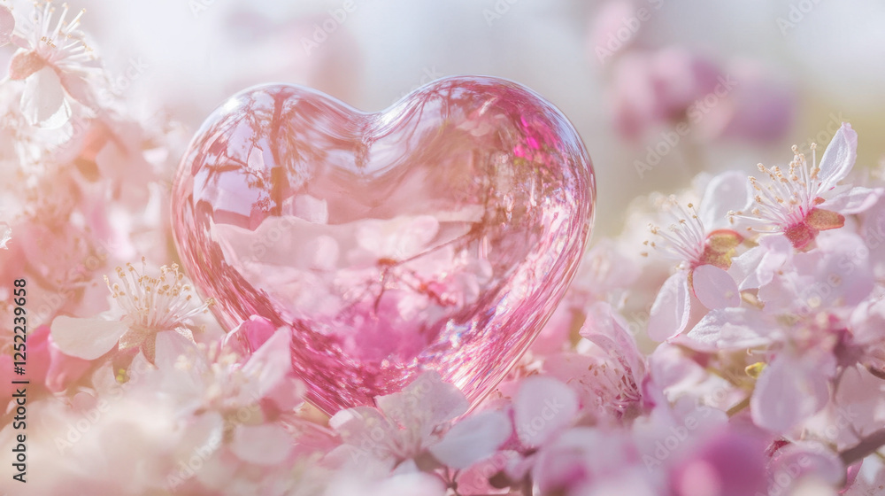 Pink Heart Shaped Glass Object Surrounded by Delicate Blossoms Pink Heart Shaped Glass Object Surrounded by Delicate Blossoms