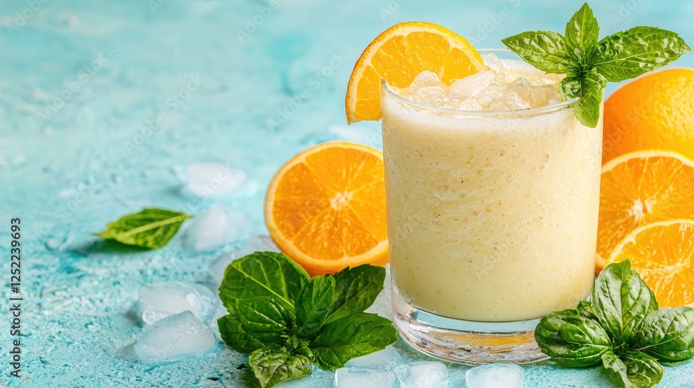 Fototapeta premium Refreshing Orange Smoothie on Teal Background