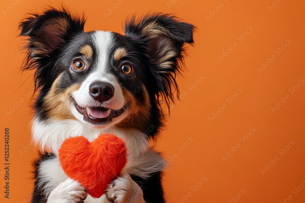 Obraz premium Cute australian shepherd pooch with fluffy red heart - sign of love, funny greeting card. Ad campaign picture. Australian shepherd - my preferred dog. Valentine's animals. Dog valentine card.